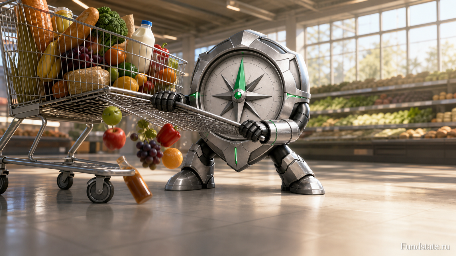 Финансовый навигатор удерживает проседающую тележку с продуктами: защита сбережений означает сохранить покупательную способность, а не только сумму.